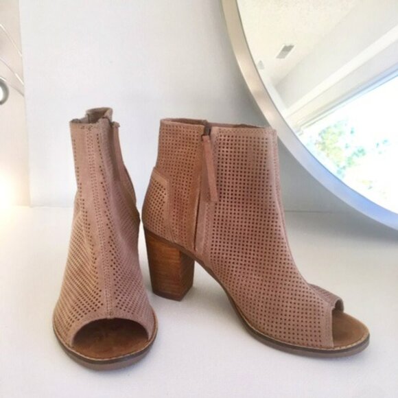 TOMS Bootie Majorca stucco suede brown peeptoe zipper ankle size 7 - Picture 1 of 16